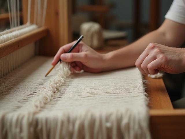 Skilled artisan weaving a textile on a traditional loom, surrounded by natural fibers